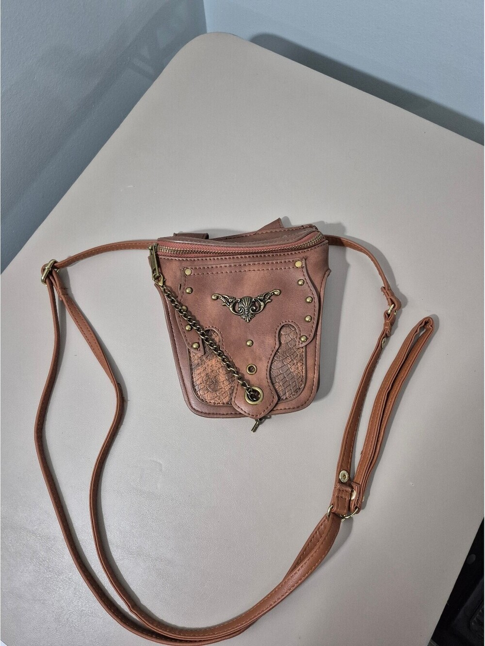 Steampunk Gothic Mini Crossbody Waist Bag Brown Studded Chain